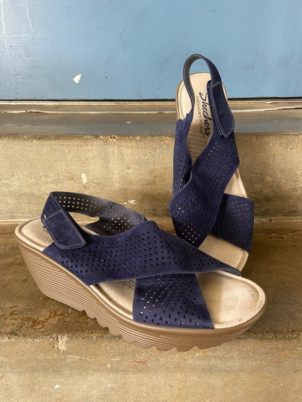 Skechers navy blue perforated suede criss cross wedge sandals